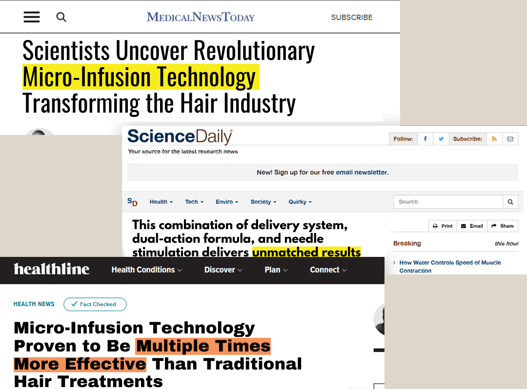 Collage of articles highlighting micro-infusion technology advancements in hair treatments.