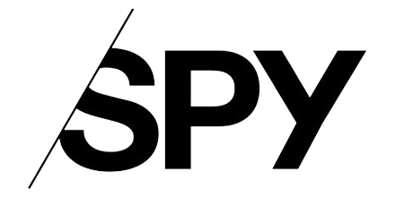 'SPY logo in black and white with diagonal line effect.'